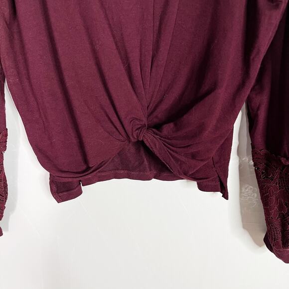 Alya Burgundy Red 2XS XXS Twist Front Lace Inset Long Sleeve Top Modal Stretch - Picture 6 of 9